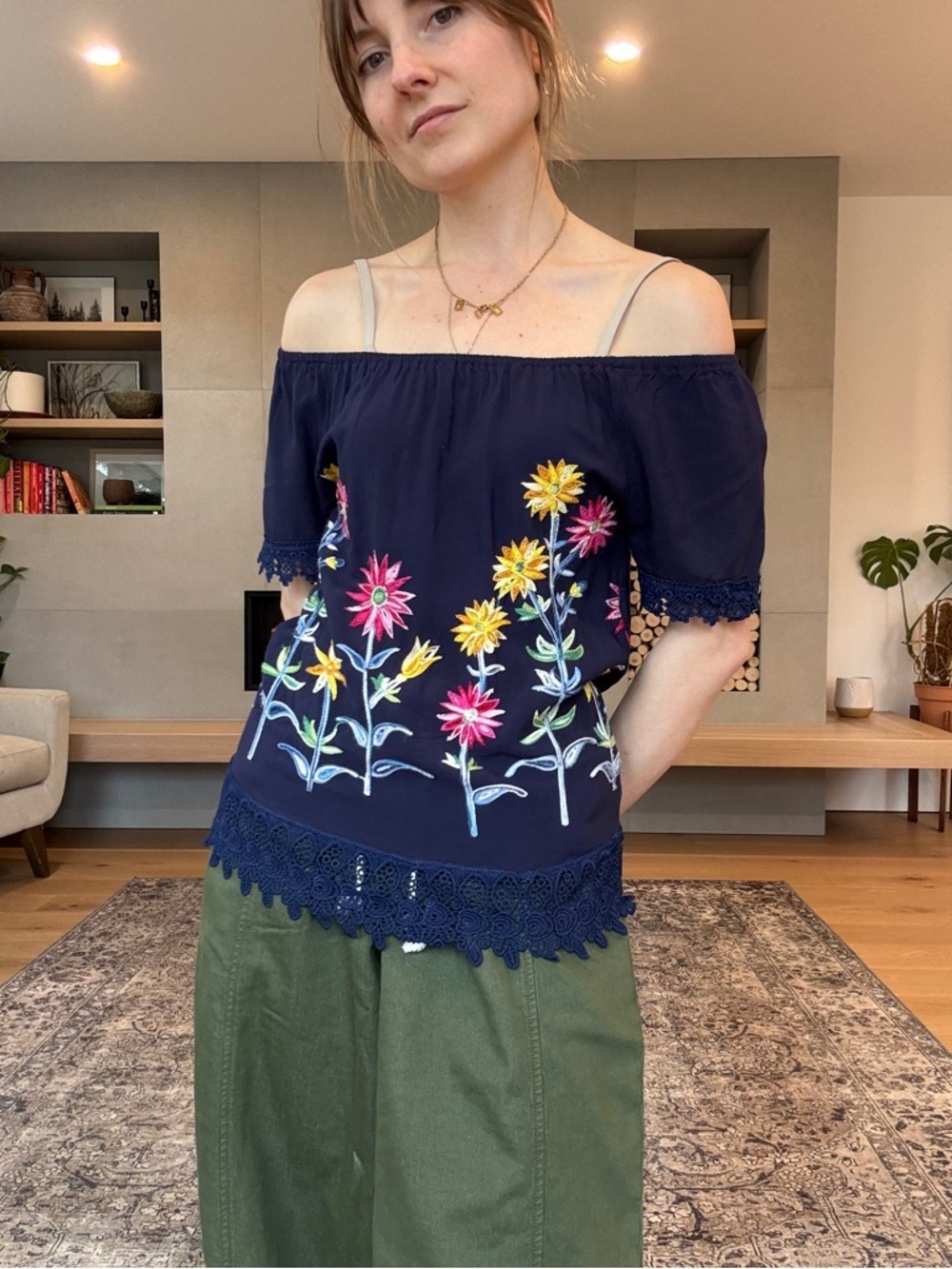 Vintage Navy Floral Embroidered off shoulder or Short-Sleeve Women's Top xs to s
